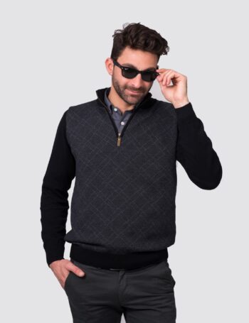 Sweater medio cierre con frente jacquard de algodón