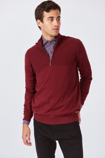 Sweater medio cierre liso con textura punto de algodón